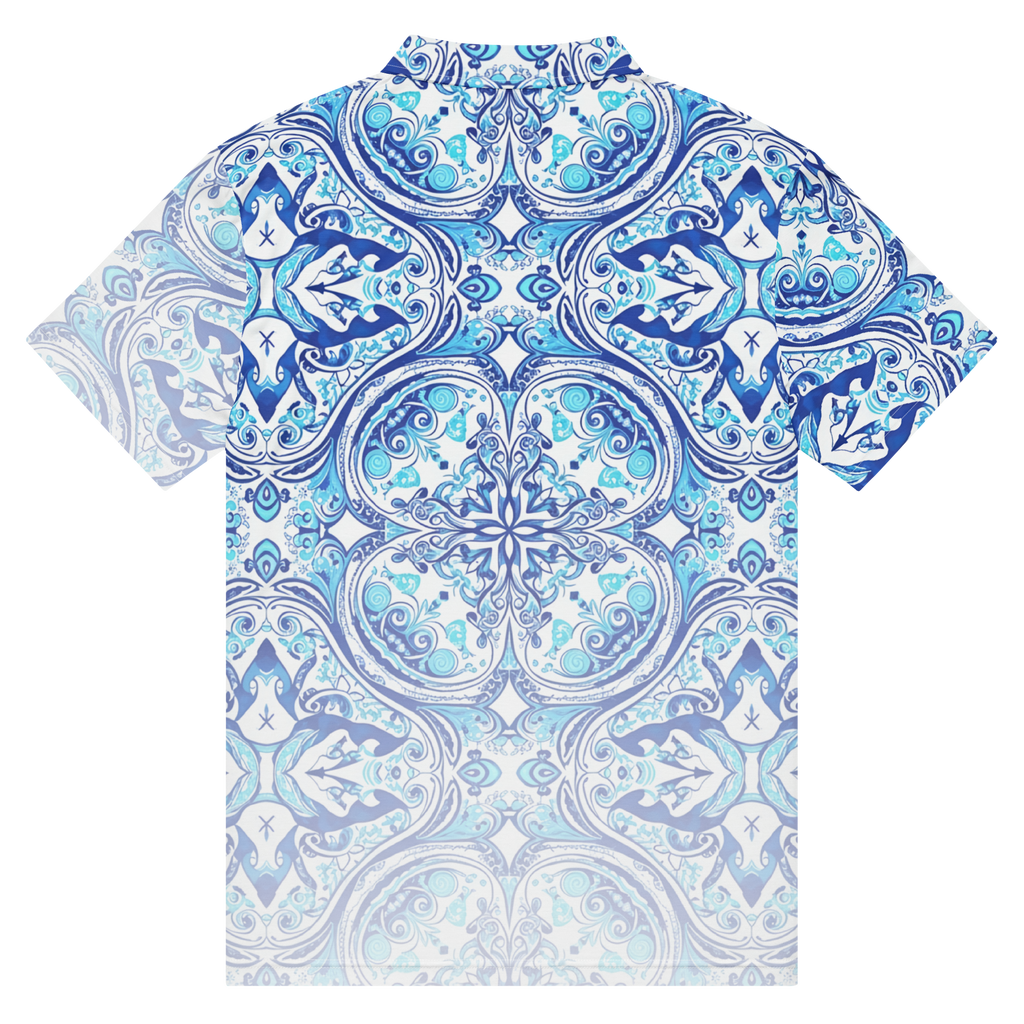 Back view of Azulada de la Luna slim performance polo with sun‑faded blue geometric pattern and white button placket by Ropa Padre