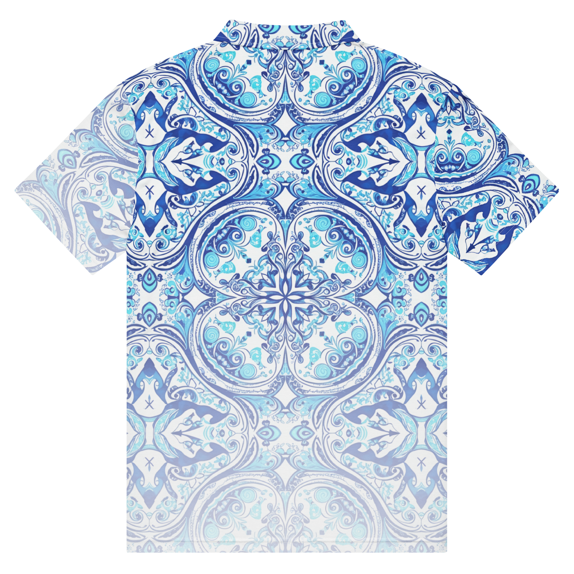 Back view of Azulada de la Luna slim performance polo with sun‑faded blue geometric pattern and white button placket by Ropa Padre
