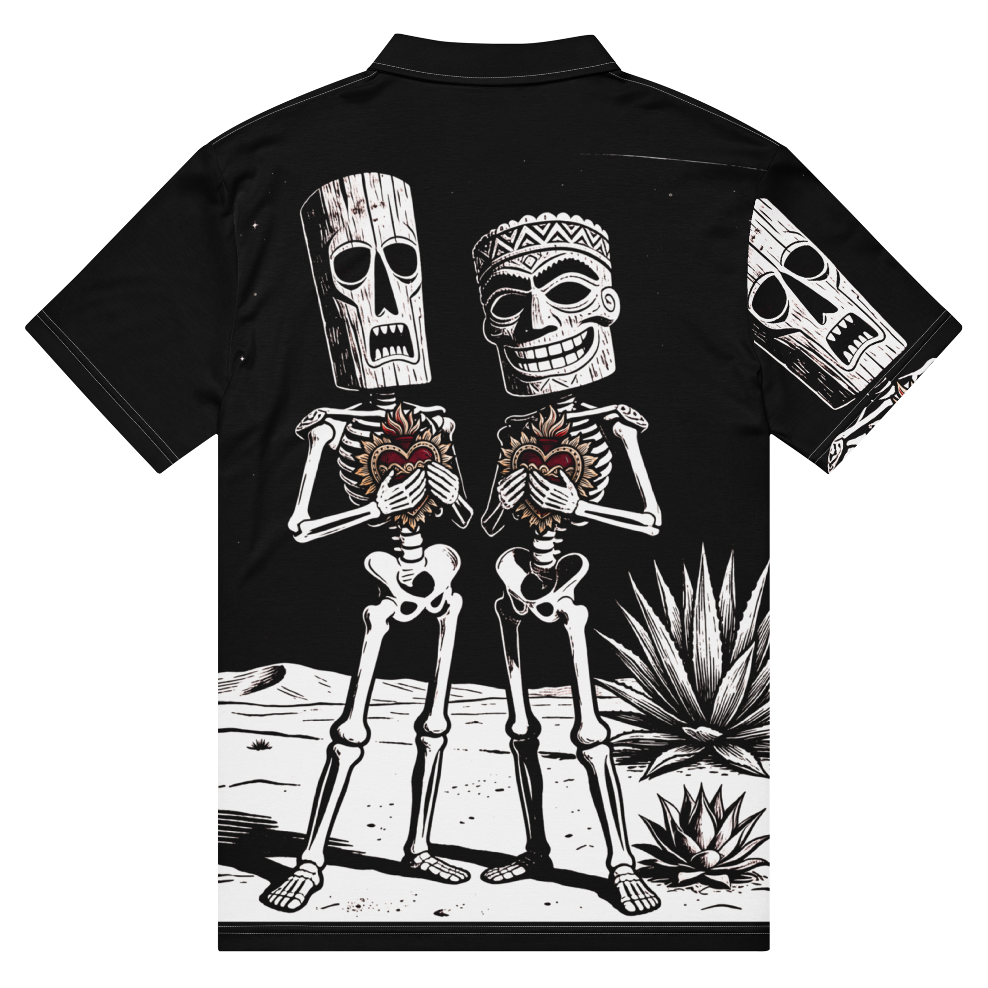 Back view of Gracias de Corazón Performance Polo Shirt front — black all-over print with contrasting white stitching with tiki calavera skeletons and sacred hearts by Ropa Padre
