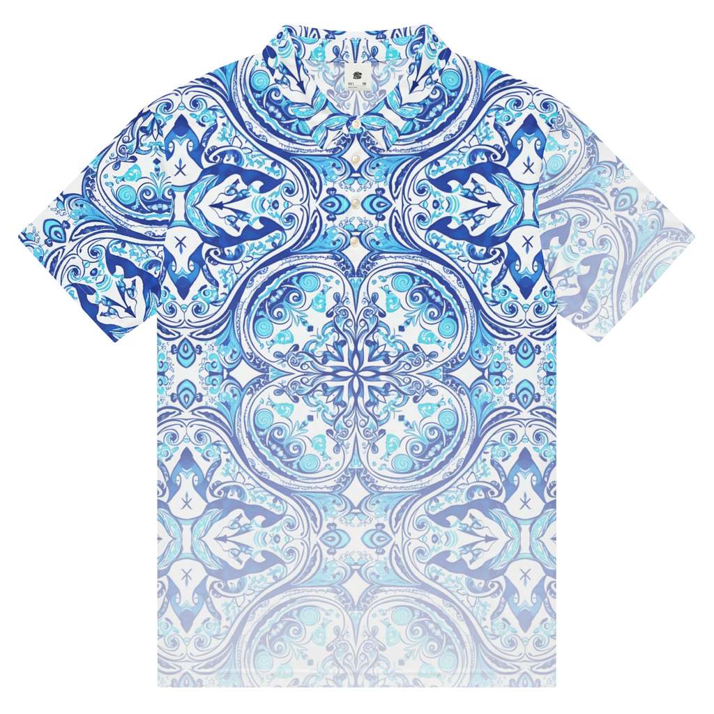 Front view of Azulada de la Luna slim performance polo with sun‑faded blue geometric pattern and white button placket by Ropa Padre