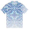 Front view of Azulada de la Luna slim performance polo with sun‑faded blue geometric pattern and white button placket by Ropa Padre