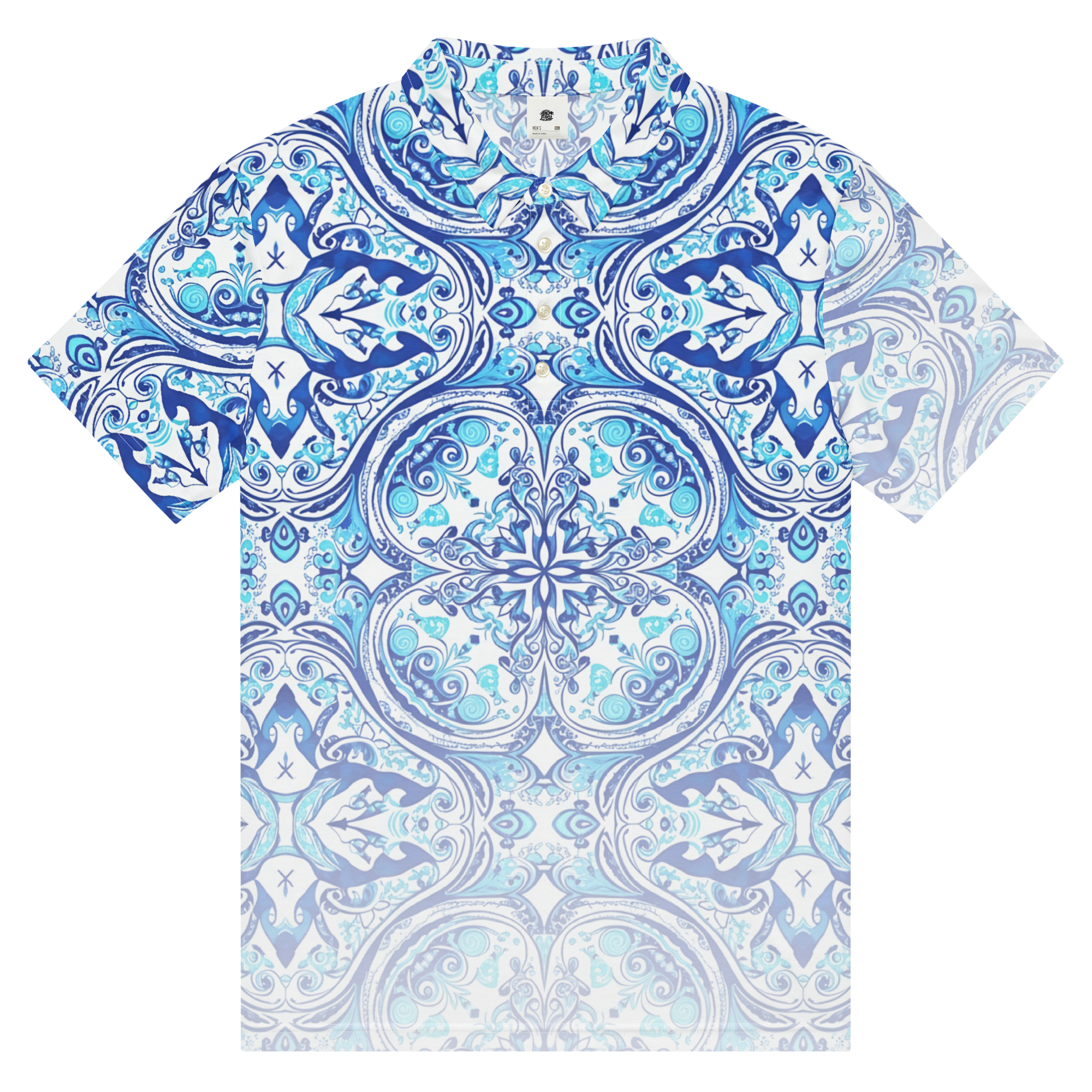 Front view of Azulada de la Luna slim performance polo with sun‑faded blue geometric pattern and white button placket by Ropa Padre