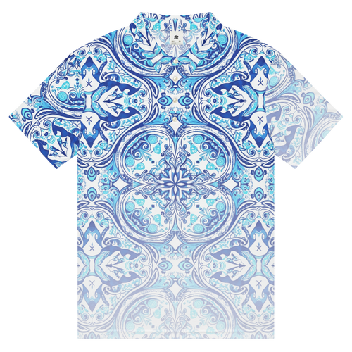 Front view of Azulada de la Luna slim performance polo with sun‑faded blue geometric pattern and white button placket by Ropa Padre