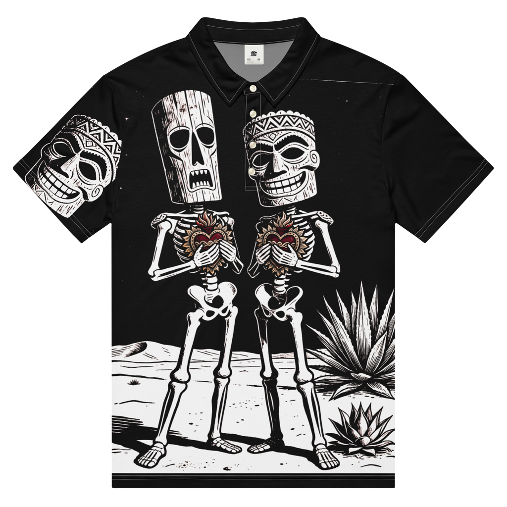 Front view of Gracias de Corazón Performance Polo Shirt front — black all-over print with contrasting white stitching with tiki calavera skeletons and sacred hearts by Ropa Padre