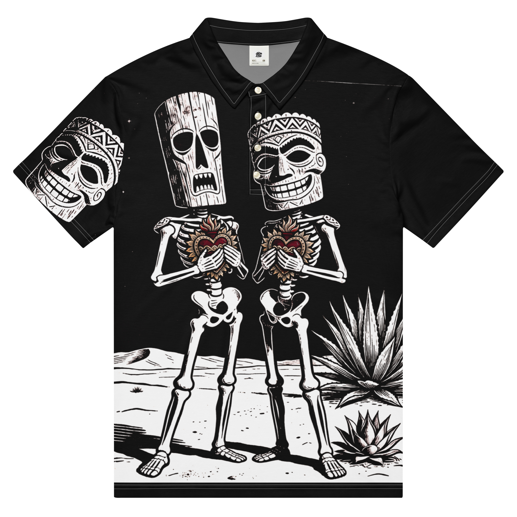 Front view of Gracias de Corazón Performance Polo Shirt front — black all-over print with contrasting white stitching with tiki calavera skeletons and sacred hearts by Ropa Padre