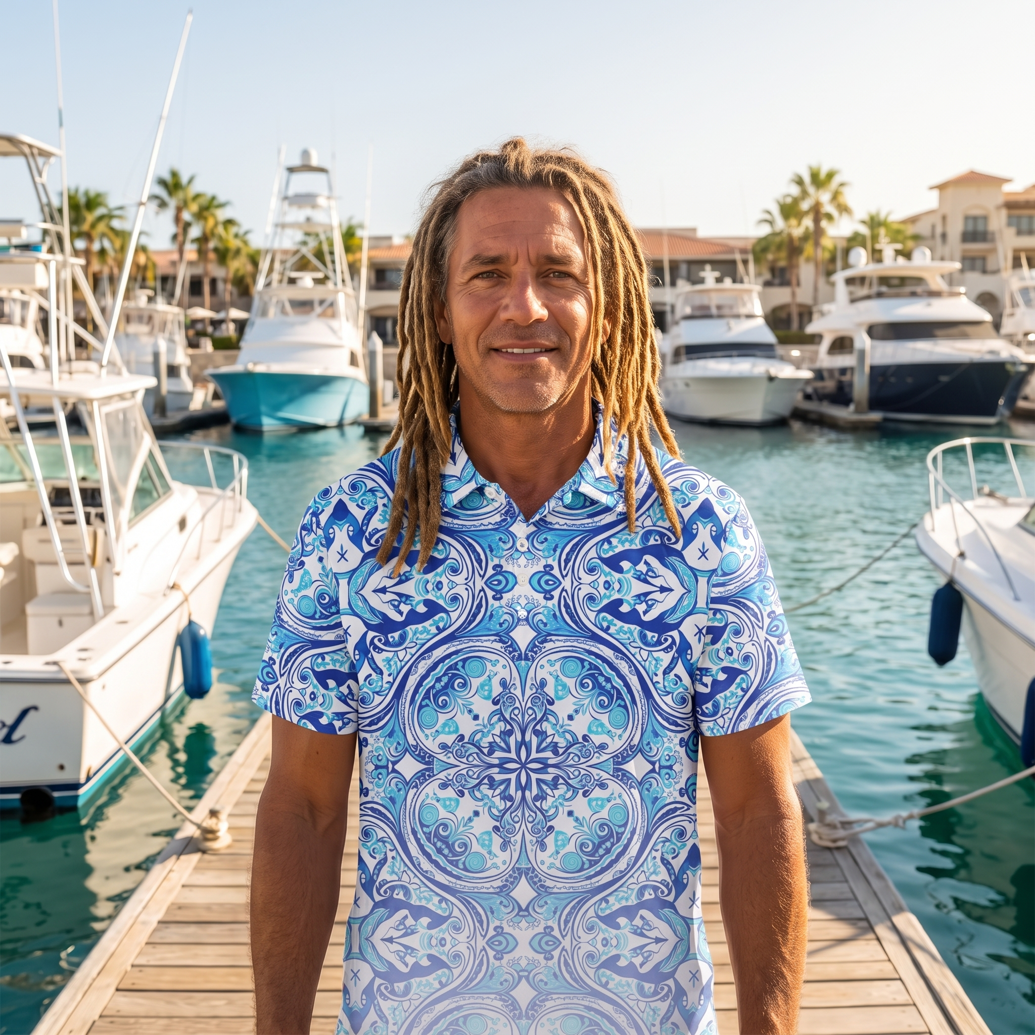 Men’s Azulada de la Luna slim fit performance polo in sun‑faded blue geometric pattern, lightweight quick‑dry jersey on model outdoors by Ropa Padre