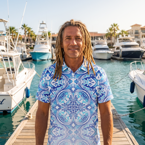 Men’s Azulada de la Luna slim fit performance polo in sun‑faded blue geometric pattern, lightweight quick‑dry jersey on model outdoors by Ropa Padre