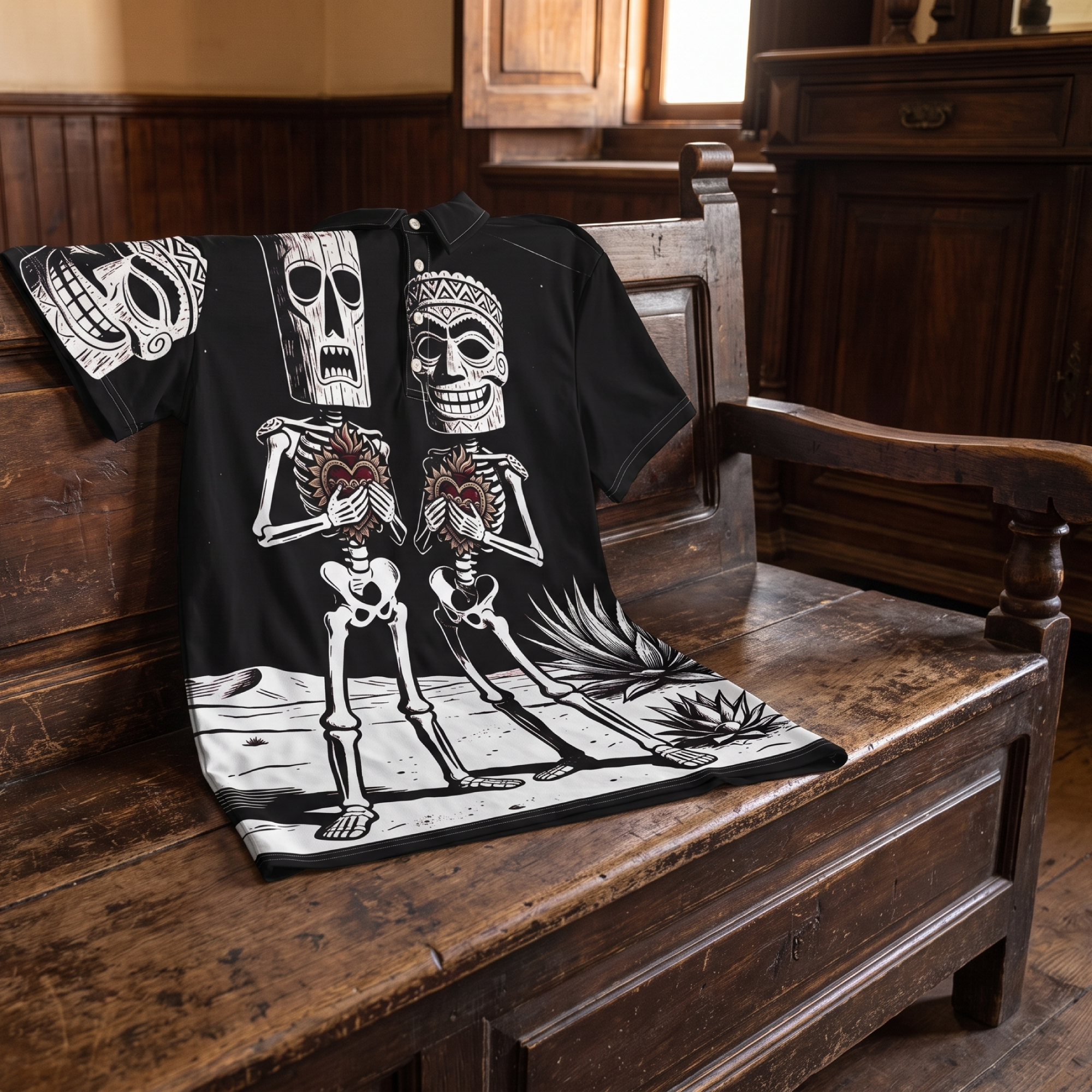 Gracias de Corazón Performance Polo Shirt draped over a dark colonial Mexican wood bench — calavera tiki graphic print by Ropa Padre de Todos Santos
