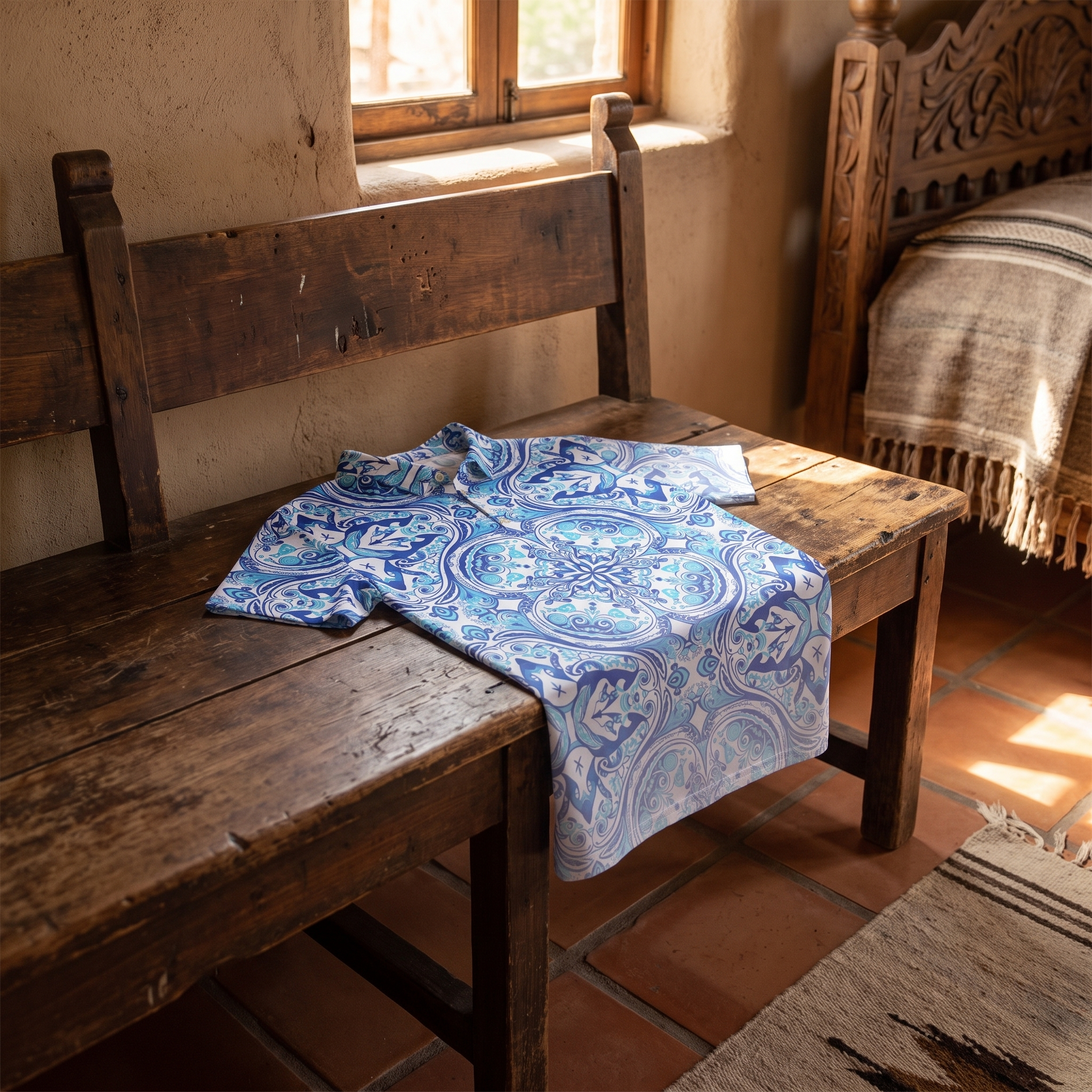 Azulada de la Luna slim performance polo with sun‑faded blue geometric pattern draped on a rustic wooden bench in soft Baja light by Ropa Padre