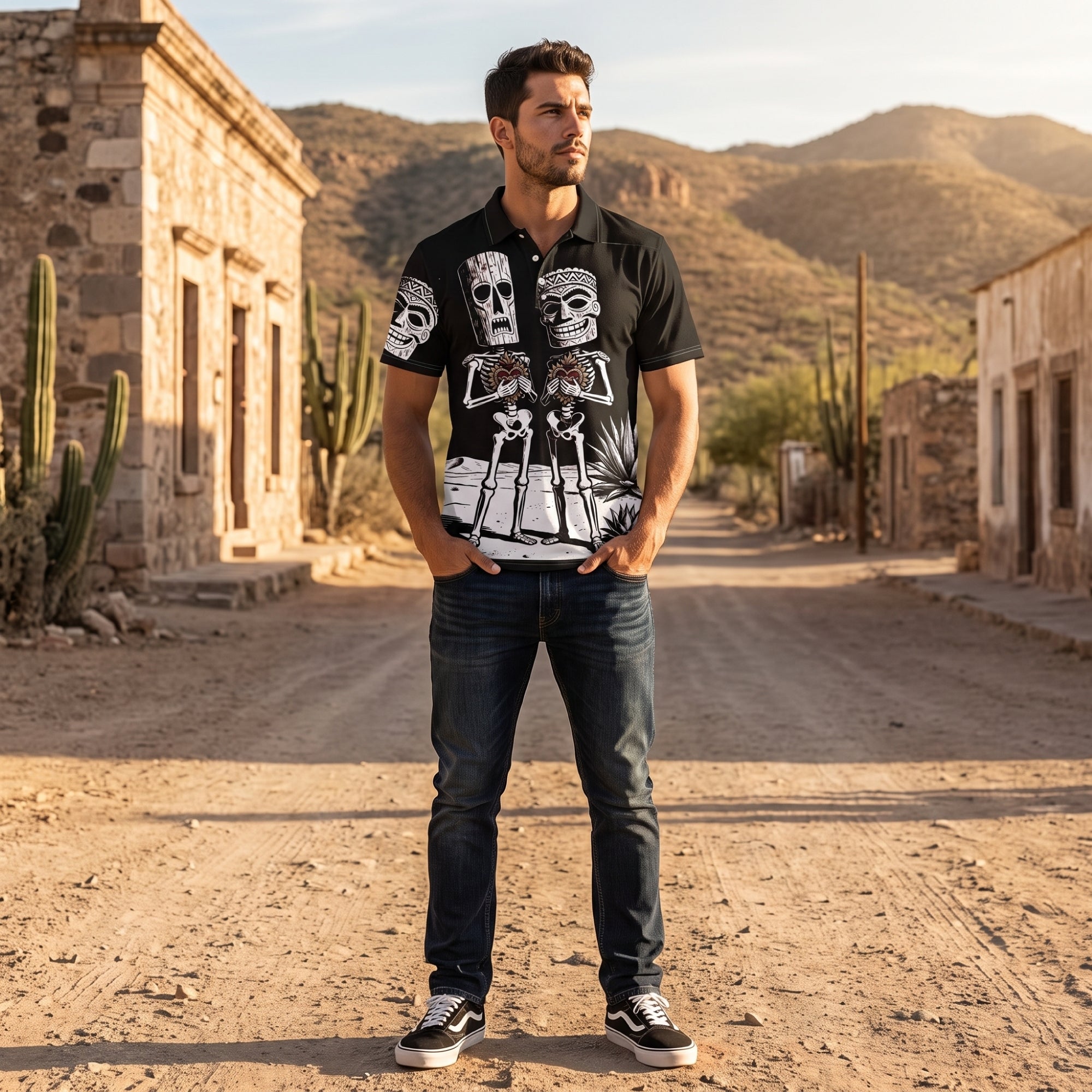 Gracias de Corazón 
performance Polo Shirt worn in a Mexican desert village — tiki calavera graphic print by Ropa Padre