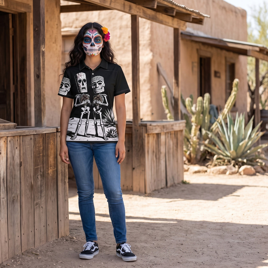 A Mexican Catrina in Baja is wearing the Gracias de Corazón 
Performance Polo Shirt worn in a Mexican desert village — tiki calavera graphic print by Ropa Padre